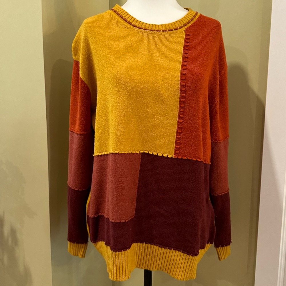 Fall Color Patchwork Colorblock Crew Neck Sweater Large Gold